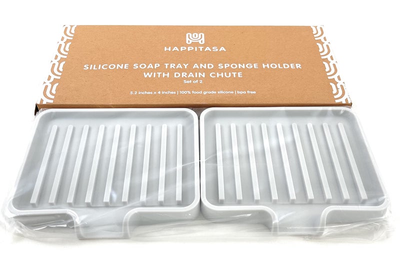 Happitasa Silicone Soap Dish Tray and Sponge Holder with Drain Chute  Pack of 2 | Bathroom and Kitchen Sink Organizer Caddy (Light Grey  5.2""x4""  7.2 Ounces) - Image 4